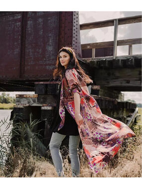 GIMMICKS Floral BOHEMIAN Long Sleeve KAFTAN KIMONO Vintage Vibes Duster WOMENS M
